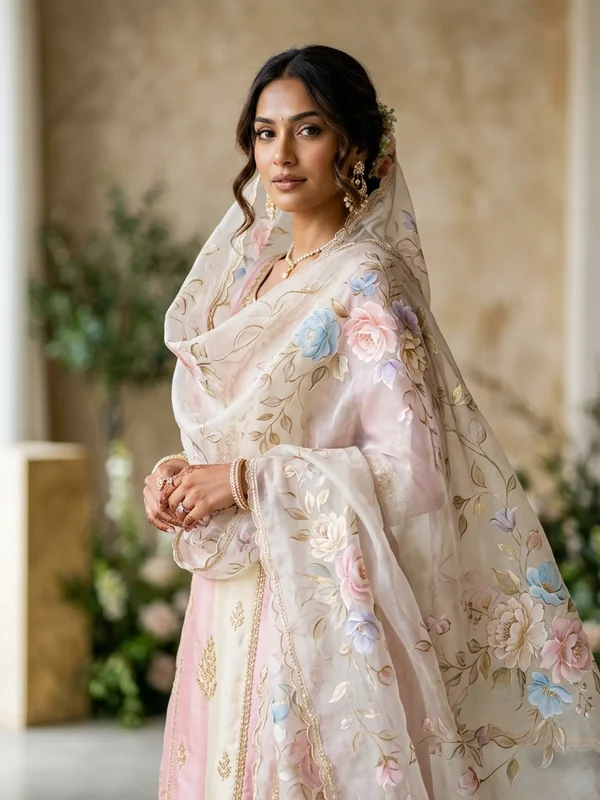 Elegant Hand-painted Organza Dupatta