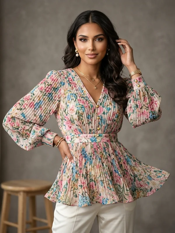 Floral Georgette Pleated Peplum Top
