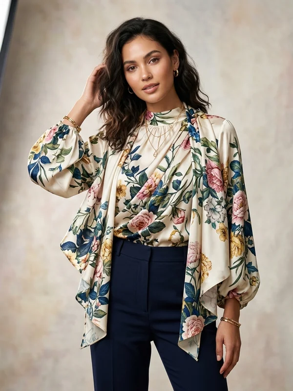 Summer Satin Floral Draped Blouse